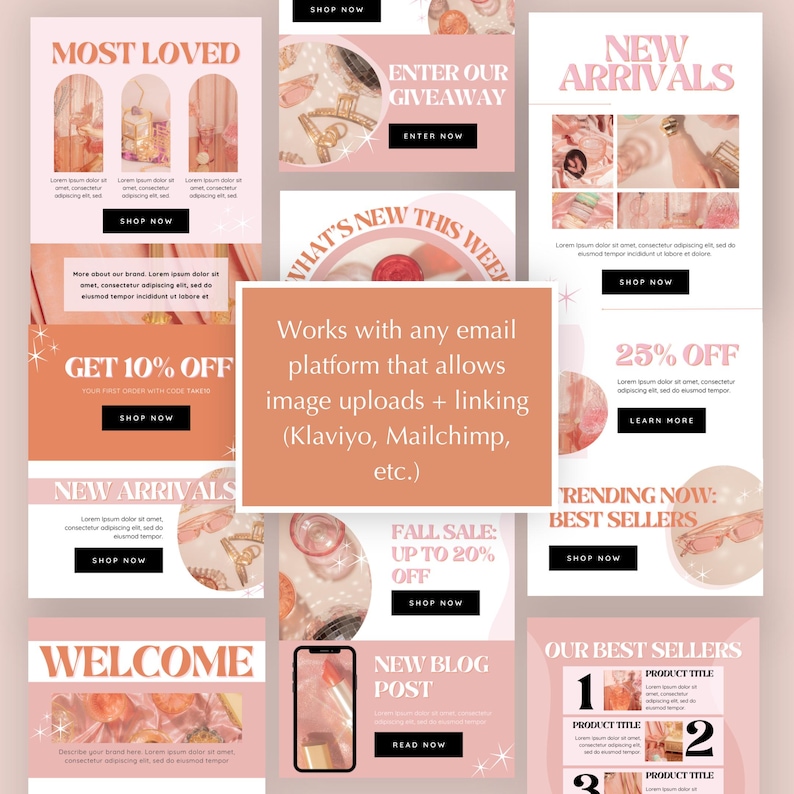 Op de afbeelding: Een collage van negen Instagram-achtige afbeeldingen die reclame maken voor een beauty- of modemerk. De afbeeldingen hebben roze en perzikkleurige kleurschema's met tekstoverlays zoals "Most Loved", "Nieuwe Aankomsten", "Krijg 10% Korting", "Welkom", "Herfstuitverkoop: Tot 20% Korting", "Nieuwe Blogpost" en "Onze Bestsellers".