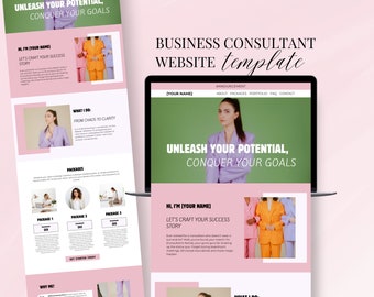 Plantilla de sitio web de Canva para consultor de negocios, página de ventas de cursos de consultoría de entrenadores, autónomo de marketing empresarial, editable, estético, rosa