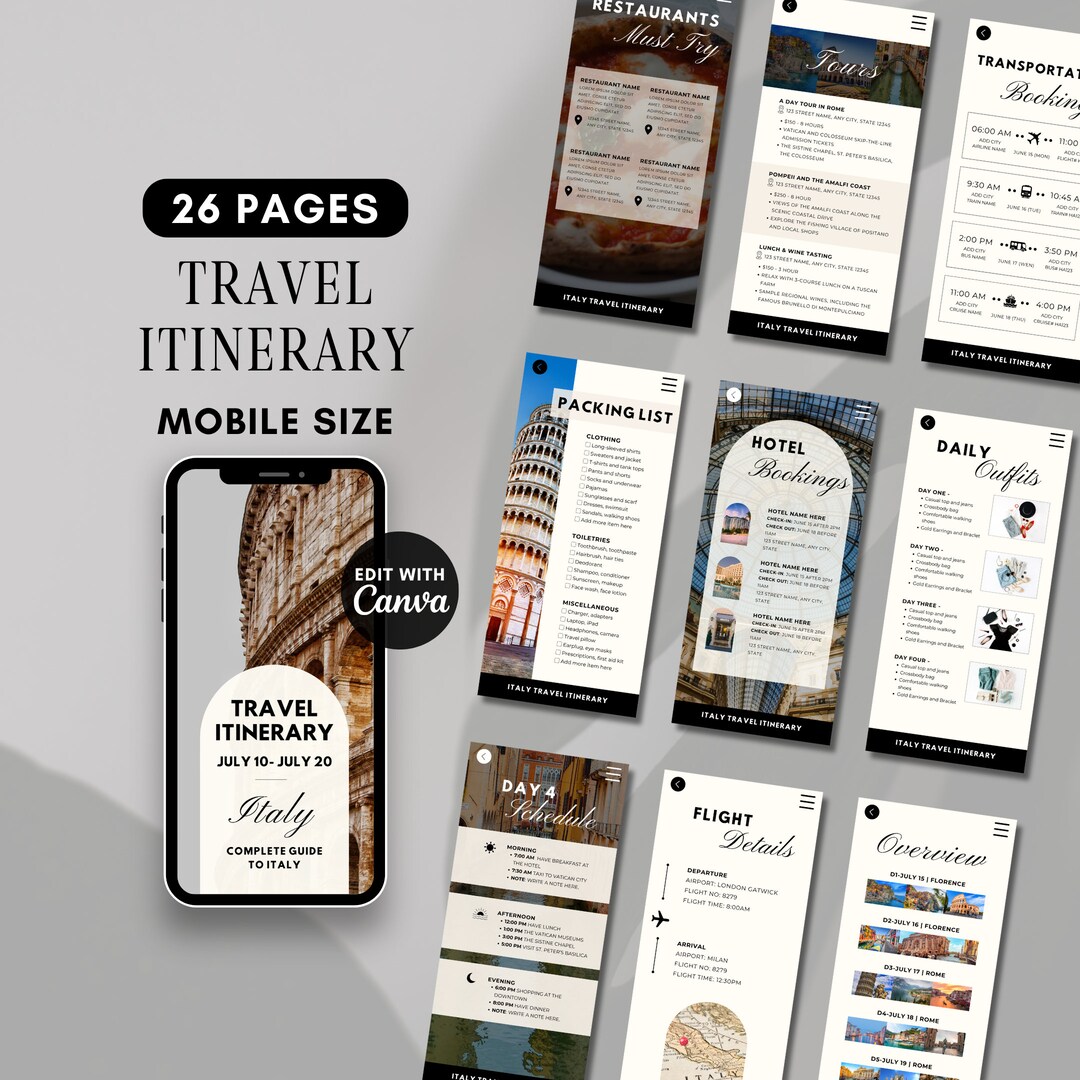 Travel Itinerary Template, Editable Mobile Travel Planner, Trip ...