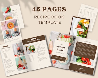 クックブック 電子書籍テンプレート Canva | 45 ページ | デジタルレシピブック 食事プランナー | レシピカード | オンラインで編集可能な DIY ブック | レシピオーガナイザー