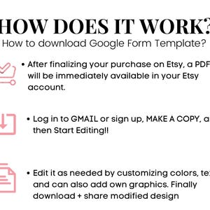 May include: How to download a Google Form Template: After purchasing on Etsy, a PDF file will be available in your Etsy account. Log in to Gmail or sign up, make a copy, and start editing. Customize colors, texts, and add graphics. Finally, download and share your modified design.