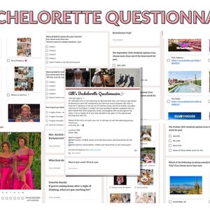 May include: A bachelorette party questionnaire with questions about the bride's preferences for the trip, including location, dates, and activities. The questionnaire also includes a section for the bride's friends to answer questions about their preferences for the trip.