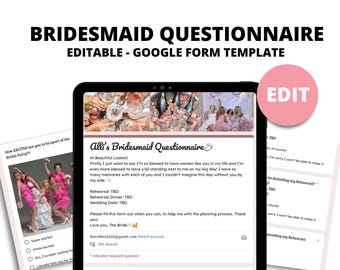 Puede incluir: Una pantalla digital que muestra una plantilla de formulario de Google para un cuestionario de damas de honor. El formulario se titula "Alli's Bridesmaid Questionnaire" e incluye preguntas sobre el ensayo de la boda, la cena y la fecha. El formulario también incluye una sección para que las damas de honor proporcionen su información de contacto.