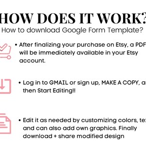 May include: A pink and white infographic with the text "HOW DOES IT WORK?" and "How to download Google Form Template?"  The infographic explains how to download and edit a Google Form template.  It includes three steps: 1. After purchasing the template, a PDF file will be available in your Etsy account. 2. Log in to Gmail or sign up, make a copy, and start editing. 3. Edit the template by customizing colors, texts, and adding graphics. Finally, download and share the modified design.