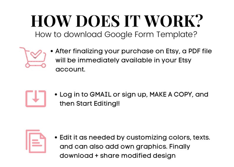 May include: A pink and white infographic with the text "HOW DOES IT WORK?" and "How to download Google Form Template?"  The infographic explains how to download and edit a Google Form template.  It includes three steps: 1. After purchasing the template, a PDF file will be available in your Etsy account. 2. Log in to Gmail or sign up, make a copy, and start editing. 3. Edit the template by customizing colors, texts, and adding graphics. Finally, download and share the modified design.