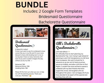 Puede incluir: Dos pantallas digitales que muestran plantillas de formularios de Google para un cuestionario de dama de honor y un cuestionario de despedida de soltera. Las pantallas son rosa y blancas con imágenes de mujeres con atuendos de boda. El texto en las pantallas dice "Cuestionario de dama de honor" y "Cuestionario de despedida de soltera de Alli".