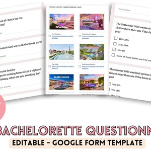 May include: A printable bachelorette party questionnaire with questions about alcohol, food, snacks, and weekend dates. The questionnaire is designed to be used with a Google Form template.