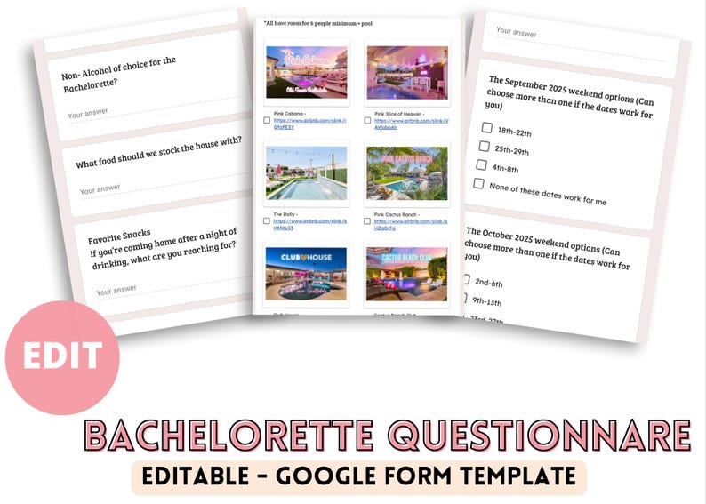 May include: A printable bachelorette party questionnaire with questions about alcohol, food, snacks, and weekend dates. The questionnaire is designed to be used with a Google Form template.