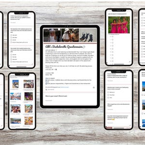 May include: A bachelorette party questionnaire with questions about the bride's preferences for the trip, including location, budget, activities, and dress code. The questionnaire also asks about the bride's favorite drinks and foods.