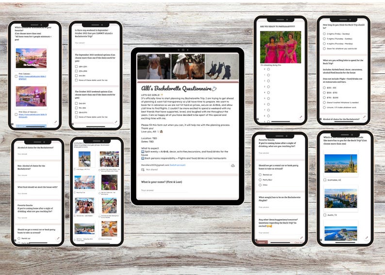 May include: A bachelorette party questionnaire with questions about the bride's preferences for the trip, including location, budget, activities, and dress code. The questionnaire also asks about the bride's favorite drinks and foods.