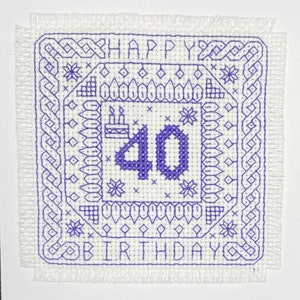 Modèle de point de croix - Modèle Blackwork -Joyeux anniversaire - 40ème - violet - carte d'anniversaire - modèle pdf - noeuds