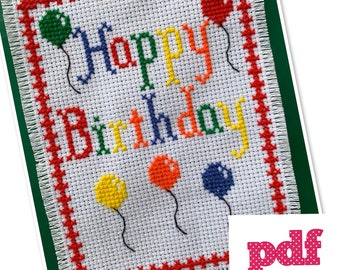 Cross stitch pattern - Happy Birthday - rainbow balloons - pdf pattern - size A6 card
