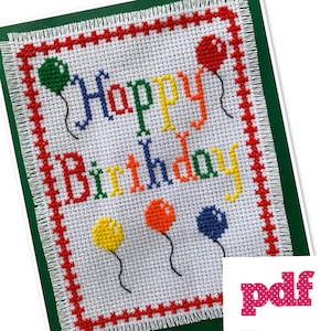 Grille point de croix - Joyeux anniversaire - ballons arc-en-ciel - modèle pdf - carte format A6