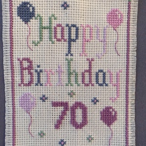 Grille point de croix - Happy Birthday - 70e anniversaire - lavande - ballons - modèle pdf - carte format A6 - 70e anniversaire - créez votre propre carte