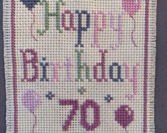 Cross stitch pattern - Happy Birthday - 70th  - lavender - balloons - pdf pattern - size A6 card - 70th birthday - make your own card