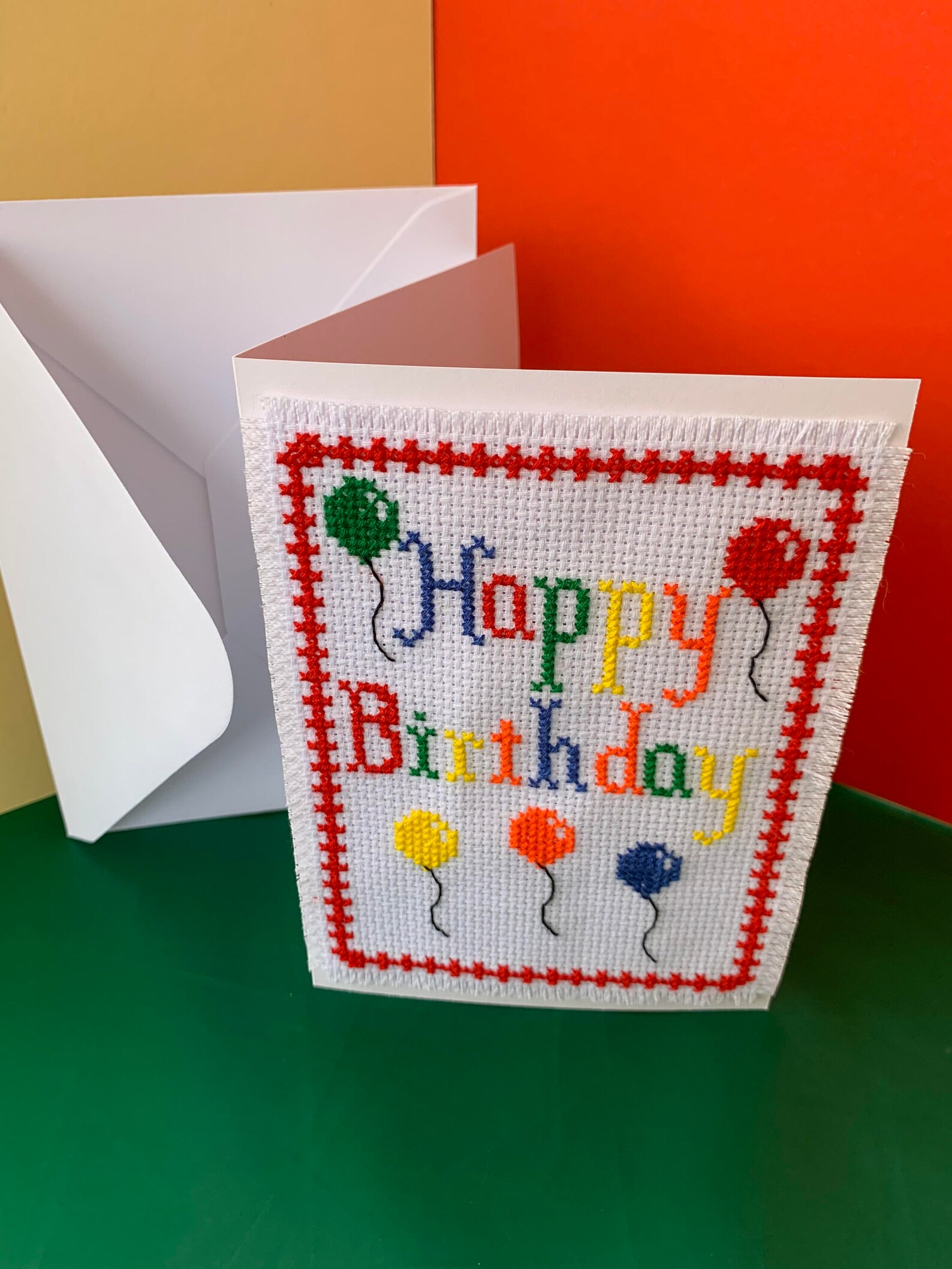 Cross Stitch Card Kit Happy Birthday Card Rainbow Balloons A6 Card