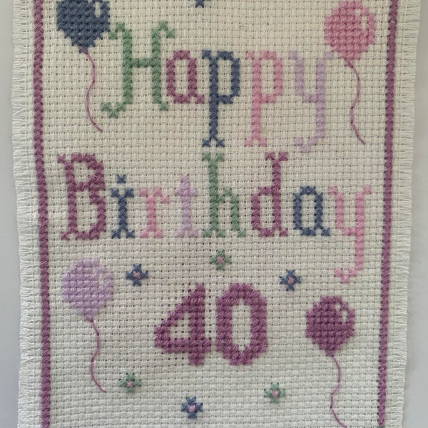 Cross stitch pattern - Happy Birthday - 40th - lavender - balloons - birthday card - pdf pattern - size A6