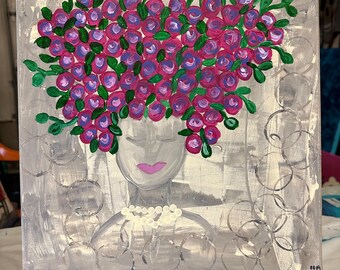 Floral Lady in Pink, original, one of a kind acrylic painting, 14” x 14” wrapped canvas