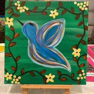 Original whimsical bird painting, one of a kind acrylic painting, 12” x 12” wrapped canvas