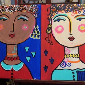 Acrylic Painting, Pair, colorful and eclectic, on 16&quot; x 20&quot; wrapped canvas