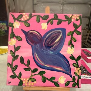 Original whimsical bird painting, one of a kind acrylic painting, 12” x 12” wrapped canvas