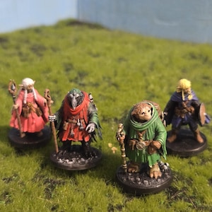May include: Four miniature fantasy figures on a grassy surface. The figures include a robed elf with a staff, a bird-like creature in red and green robes, a furry creature in green robes, and a warrior in blue and gold armor.
