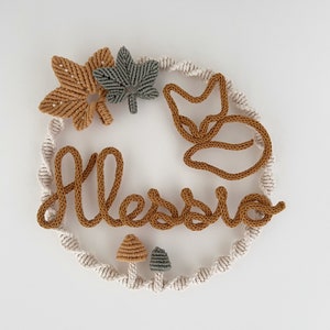 Macramé first name crown with forest theme, knitting, fox, leaves and mushrooms