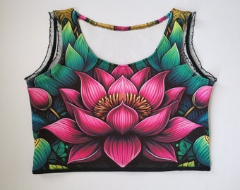 Vibrant Lotus Flower Crop Top, Colorful Yoga Fitness Tank, Activewear, Sports Bra, Unique Floral Workout Top