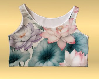 Pastel Floral Motif Women's Crop Top, Soft Lotus Flower Fitness Top, Activewear Tank, Unique Yoga Sports Top