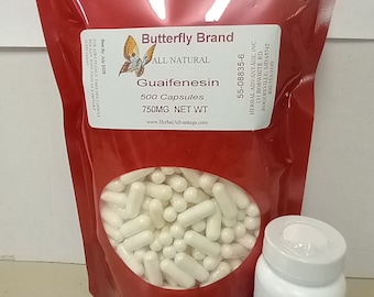 Guaifenesin Capsules 750 mg of 500 Capsules in a bag and a carry around bottle of 50 No Fillers No Binders