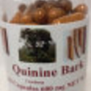 May include: A clear plastic bottle filled with brown capsules. The bottle has a white label with the text "Quinine Bark" and a picture of a tree.