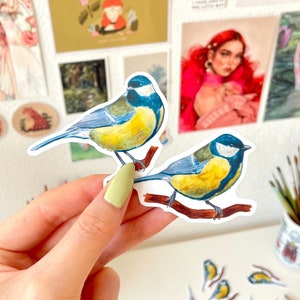Set di adesivi Blue Tit Duo: adesivo in vinile impermeabile, decalcomania per uccelli, cancelleria con uccellini carini, adesivo decorativo per bottiglie d'acqua per laptop, scrapbooking bujo