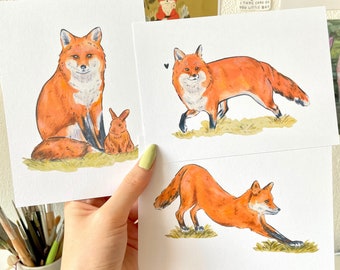 Fox Postcard Set – 3 handmade Postcard Art Prints, A6 fix card, cute fox stationery, illustrated animal print, kawaii animal design