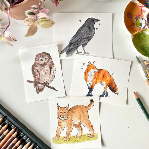 Mini Original Art – Original animal paintings, Gouache Illustration, cute fox painting, wildlife art, raven painting, owl, lynx