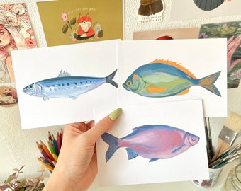 3 Fish Postcard Set – A6 handmade postcard art print, illustrated animal greeting card, fish themed gift card, cute fish illustration