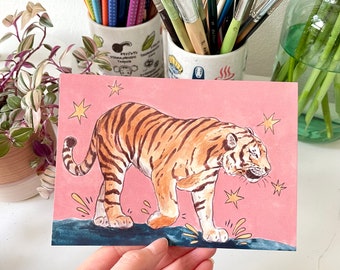 Tiger Postcard – cute A6 Tiger Greeting Card, Cat Mini Art Print, illustrated animal greeting card, animal postcard print