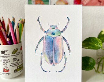 Beetle Art Print - Rainbow Beetle Illustration, Insect Wall Decor, Cute Animal Art Print, Illustrative Gift, A5 A6 Print