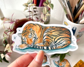 Sleepy Tiger Sticker – waterproof vinyl sticker, cute cat stationery, laptop waterbottle decal, bujo scrapbook deco sticker, kawaii tiger