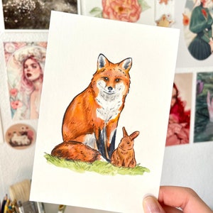 Pittura originale di volpe e coniglietto - Opere d'arte della fauna selvatica, illustrazione di volpe, pittura a guazzo originale, opere d'arte tecniche miste, illustrazione di coniglietto