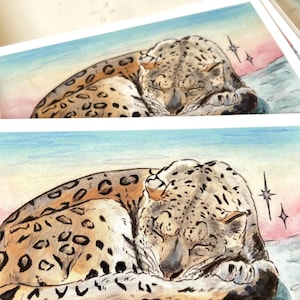 Carte postale léopard des neiges – jolie carte de vœux léopard A6, mini-impression d'art de chat, carte de vœux animalière illustrée, impression de carte postale animalière