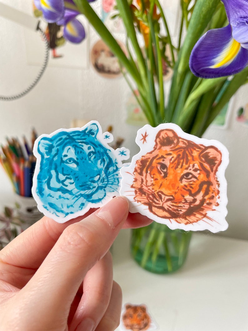 Tiger Sticker Set 2 waterproof vinyl stickers, cute cat stationery, laptop waterbottle decal, bujo scrapbook deco sticker, kawaii tiger image 2