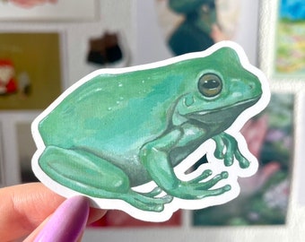 Frog Sticker - Cute green frog art, frog lover gift, handmade animal laptop sticker, vinyl sticker, toad planner bujo scrapbook sticker