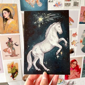 White Horse Postcard – A6 Horse Greeting Card, cute pony Mini Art Print, illustrated horse greeting card, horse lover gift, equestrian art