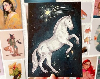 Cartolina del cavallo bianco – Biglietto d'auguri per cavalli A6, simpatico pony Mini Art Print, biglietto d'auguri per cavalli illustrato, regalo per gli amanti dei cavalli, arte equestre