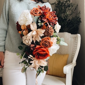 Fall Late Summer Bridal Bouquet Cascading Flowers for Wedding Rust Orange Beige