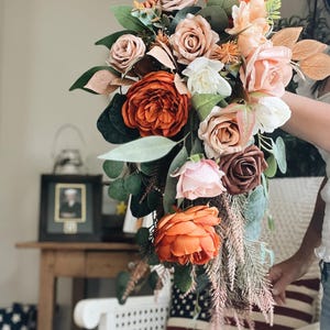 JUST ADDED Fall Late Summer Bridal Bouquet Cascading Flowers for Wedding Peach Rust Orange Beige