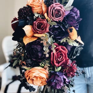 Large Cascade Bridal Bouquet Fall Autumn Halloween Gothic Orange Rust  Burgundy Deep Purple Feathers