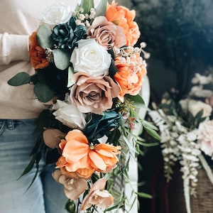 Large Cascade Bridal Bouquet Fall Autumn Summer Terracotta Orange Rust Sage Emerald Green Blush Garden