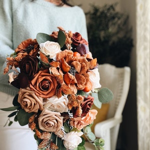 Fall Late Summer Bridal Bouquet Cascading Flowers for Wedding Peach Brown Beige