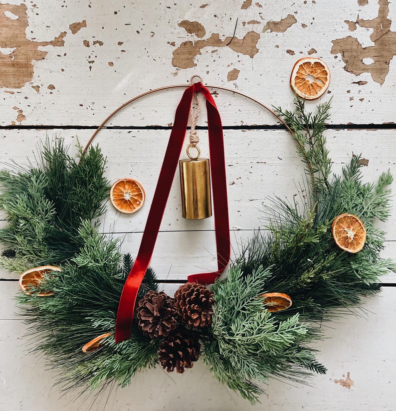 Handmade Christmas Swedish Large Door Gold Hoop Wreath Bell Cedar